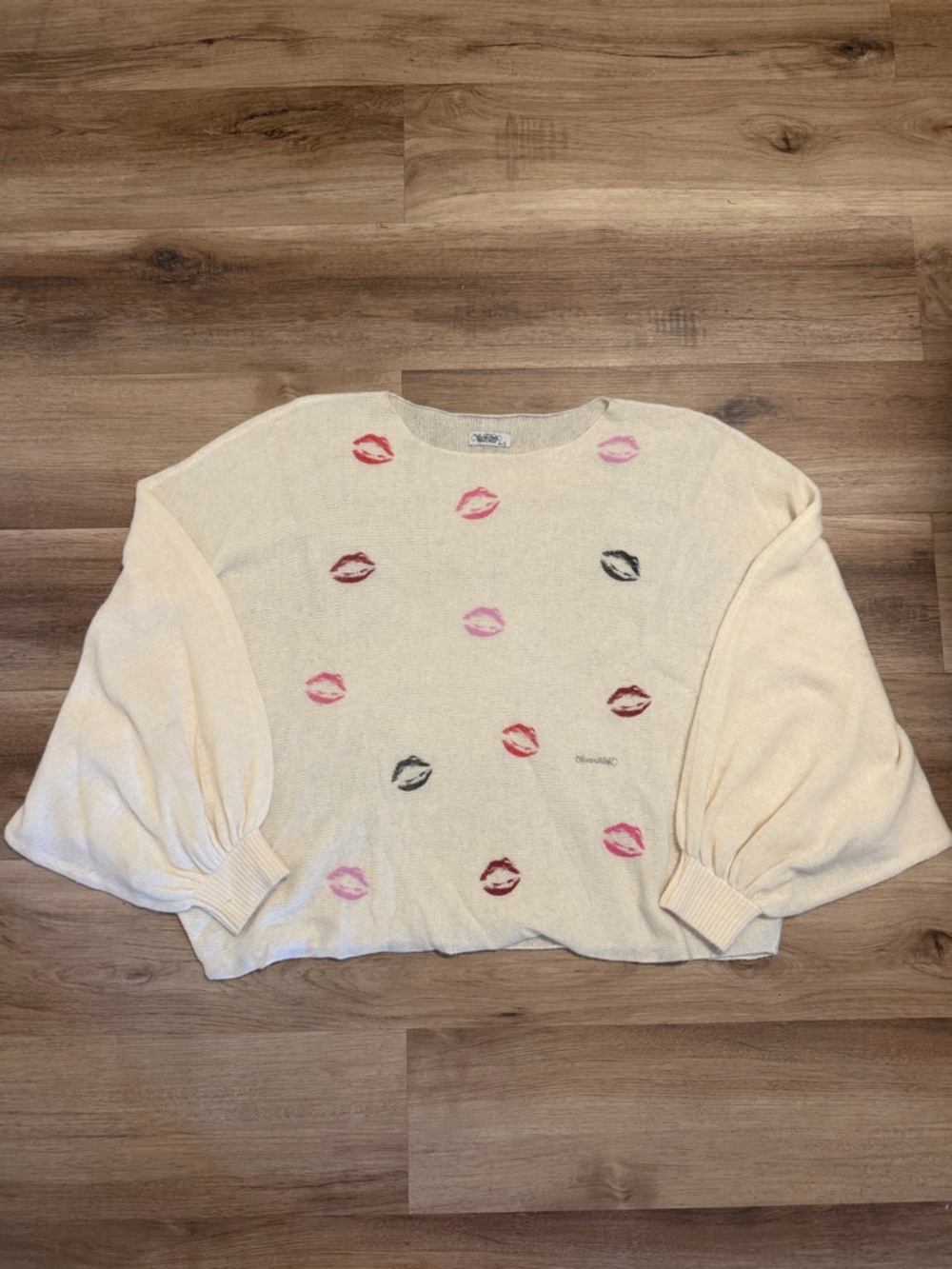 Lauren Moshi Cashmere Knit Sweater Balloon Sleeves Kiss Print Oversized M/L